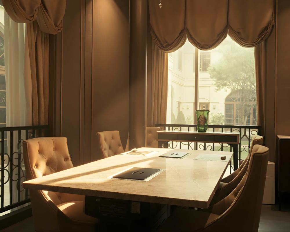 A classic boardroom with a wooden table